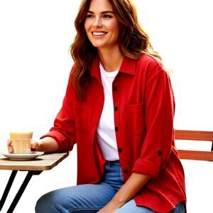 Love 1X Red Women's Top Shirt Blouse Pockets Long Sleeves Misses Size 14W 16W